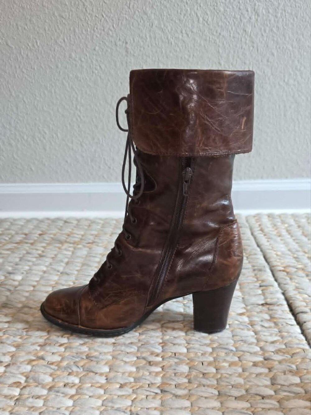 Born Brown Leather Lace Up Fold Over Side Zip Heeled Combat Moto Boot - 9.5 - Picture 4 of 16